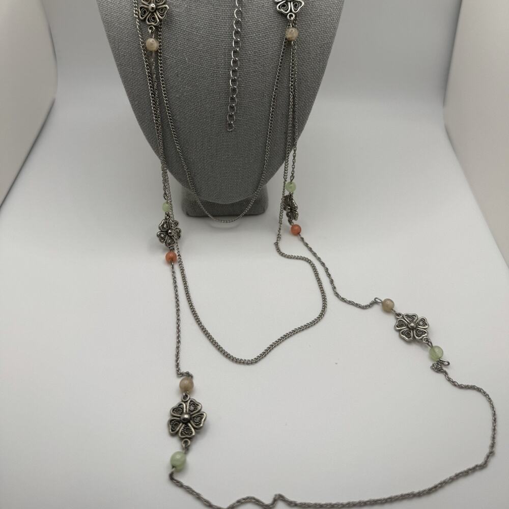 Silver Tone Necklace Long Multi Strand‎ Drop Clovers 28-30”